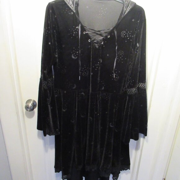 Plus Size 2X Coven Black Velvet Hooded Dress Spirit Stars Moon Celestial Witch - Picture 9 of 14